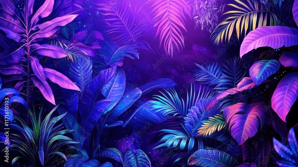 Naklejka premium Magical jungle at night, glowing neon butterflies, bioluminescent plants, deep blue and purple hues, tropical leaves, fantasy forest, ethereal atmosphere, mystical nature scene, vibrant colors, digita