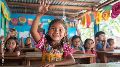 A bright classroom with colorful decorations, where a 9-year-old girl enthusiastically raises her hand to answer a question while her classmates and teacher look on with encouraging smiles