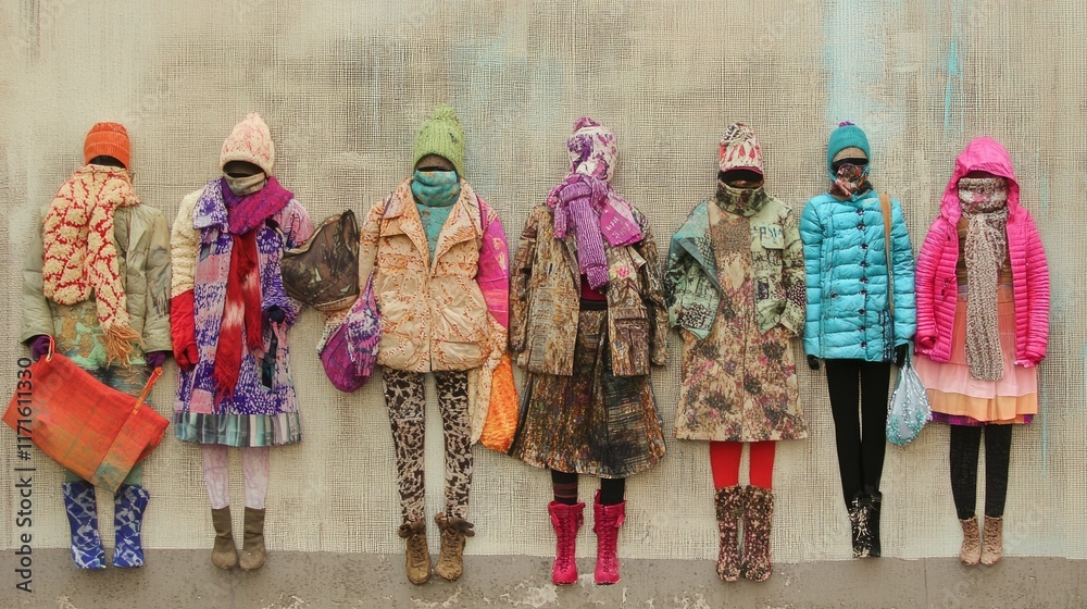 Naklejka premium Diverse group of women in colorful outfits standing together against a simple background in a busy urban setting