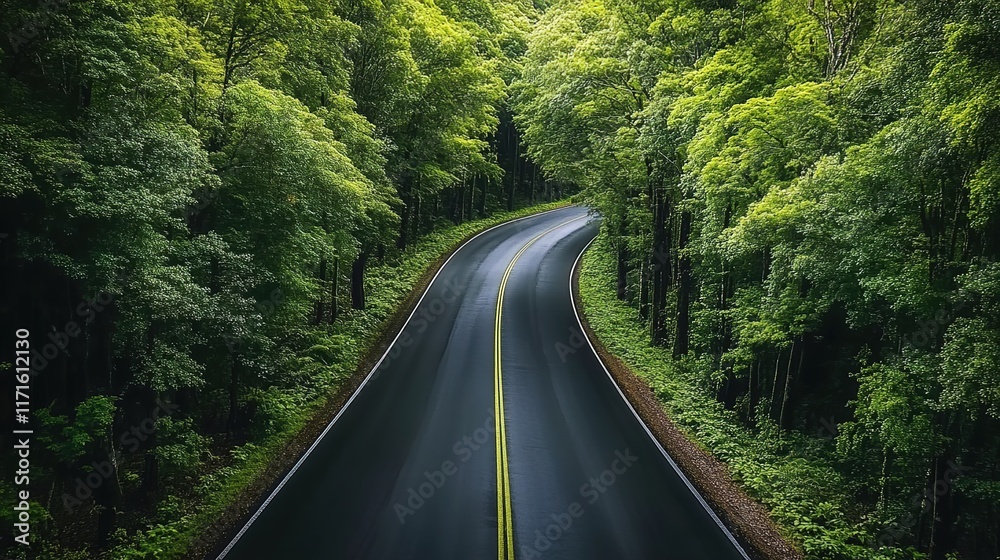 A long road winds through the forest, with trees lining both sides A long road winds through the forest, with trees lining both sides