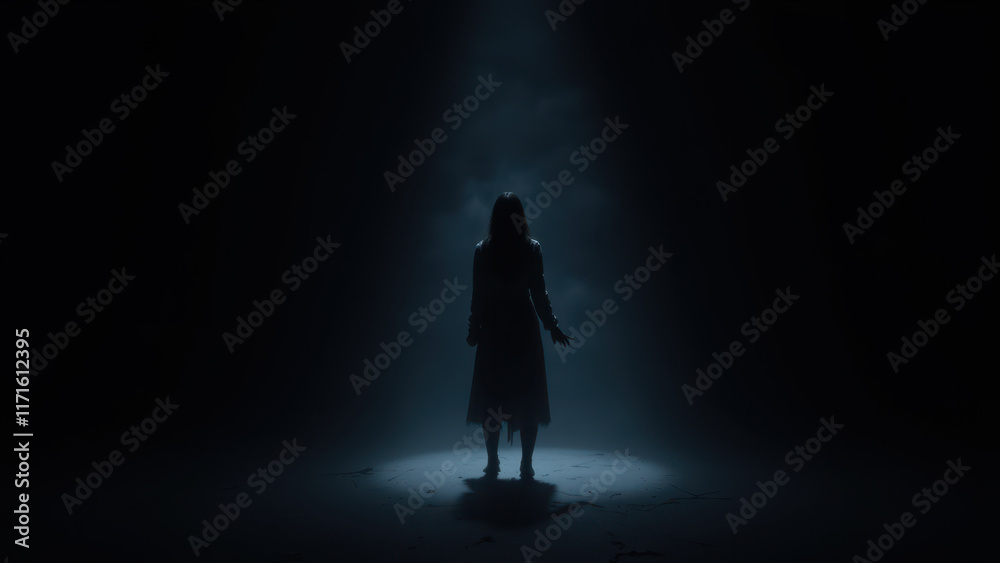 A darkened room with an AI character standing at the edge of a spotlight. A darkened room with an AI character standing at the edge of a spotlight.
