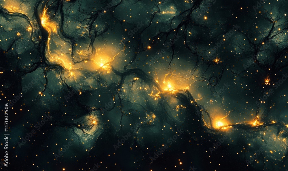 starlit skies dissolve into glowing surreal cosmic terrains., Generative AI