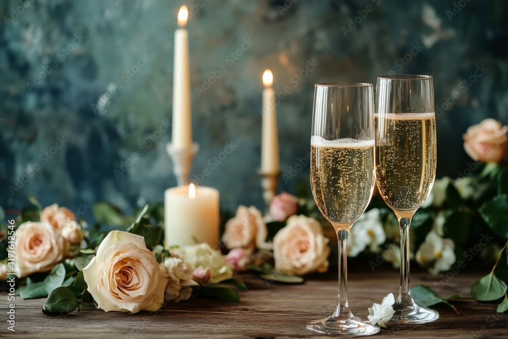Glasses of sparkling wine on a dinner table decorated with roses and candles Glasses of sparkling wine on a dinner table decorated with roses and candles