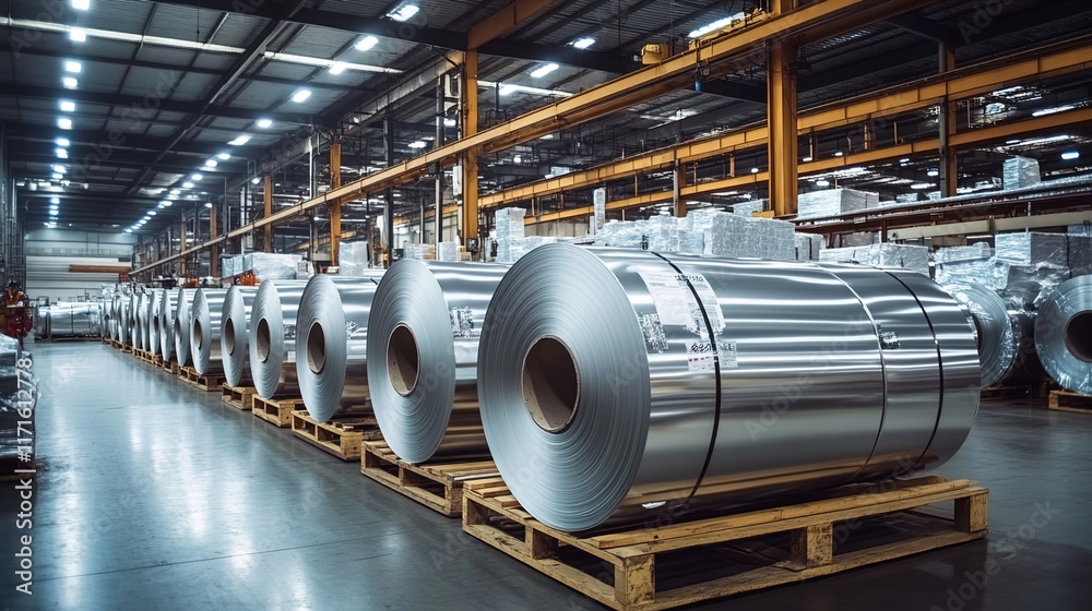 A photograph of large rolls of aluminum sheets in an industrial warehouse, with pallets and steel frames containing them. A photograph of large rolls of aluminum sheets in an industrial warehouse, with pallets and steel frames containing them.