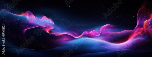 Abstract wave, vibrant neon colors, flowing energy, cosmic background, purple and blue hues, dynamic motion, digital art, surreal landscape, glowing particles, futuristic design, smooth curves, ethere photo