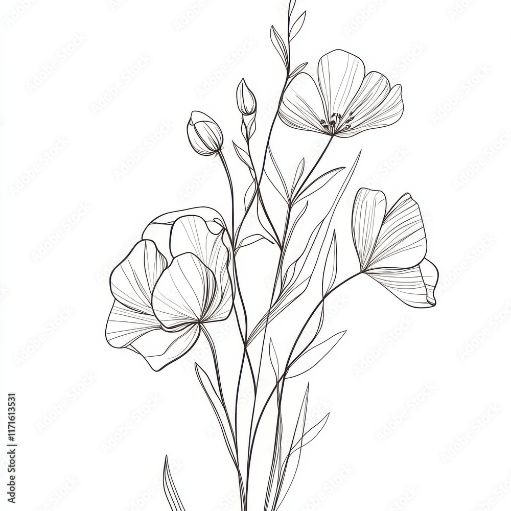 Obraz premium Botanical arts. Hand drawn continuous line drawing of herbs, abstract flower, floral, ginkgo, rose, tulip, bouquet of olives. Vector illustration.