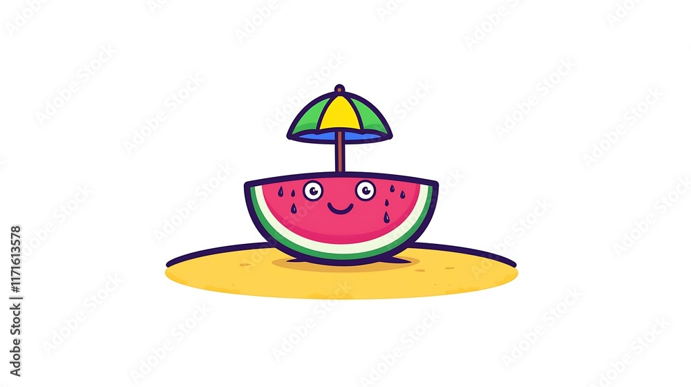 A cheerful watermelon slice with sparkling eyes, lying on a tropical beach with a drink umbrella A cheerful watermelon slice with sparkling eyes, lying on a tropical beach with a drink umbrella
