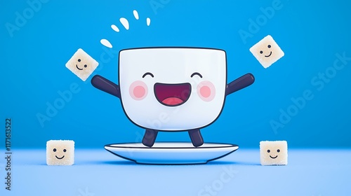 A cheerful teacup with rosy cheeks, sitting on a saucer with smiling sugar cubes nearby