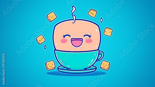 A cheerful teacup with rosy cheeks, sitting on a saucer with smiling sugar cubes nearby