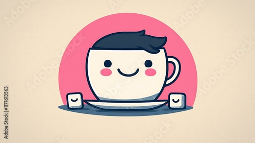 A cheerful teacup with rosy cheeks, sitting on a saucer with smiling sugar cubes nearby