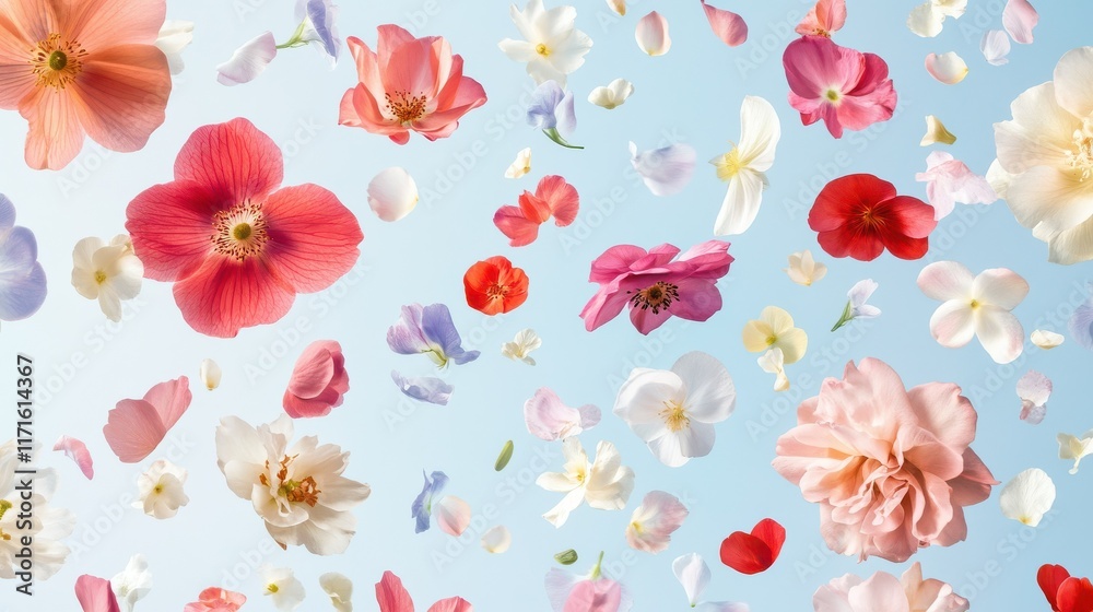 spring flowers flying in the air pattern, pastel colors