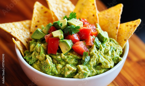 guacamole avocado paste with tortilla chips in a white bowl in the kitchen