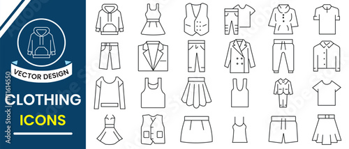 Clothes line icons set. Fashion icon, vector set with outline. Fashion, beauty, clothes and shoe icon set. T-shirt, Pants, Jacket, Dress, Short, Shoe Fashion icon Editable stroke. Vector illustration.