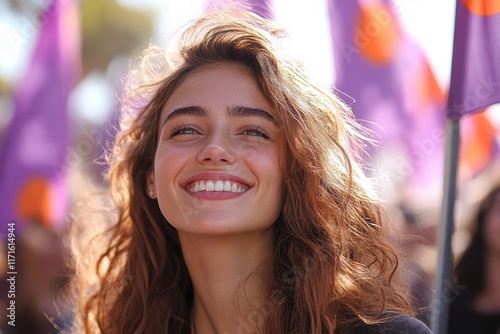 Smiling woman participating in a vibrant march with purple flags in a lively setting photo