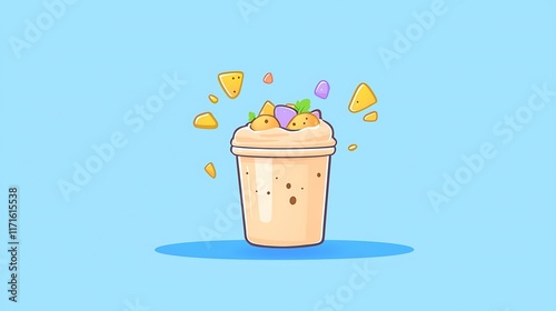 A playful animated yogurt parfait with cute fruit toppings bouncing happily inside a jar