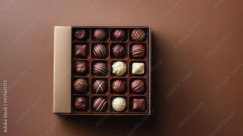 An aerial view of an open box with various chocolates on top, against a brown background. An aerial view of an open box with various chocolates on top, against a brown background.