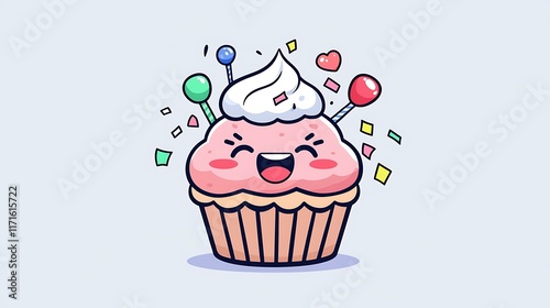 A cartoon cupcake with a cheerful face, surrounded by emojis like party poppers, confetti, and joy