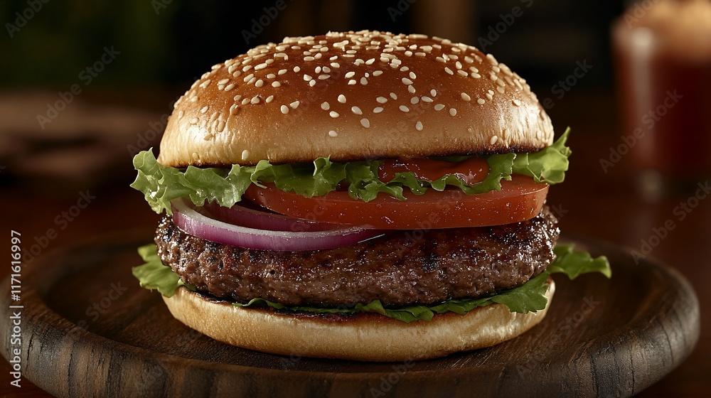 A delicious hamburger with lettuce, tomato, and onion on a sesame bun. A delicious hamburger with lettuce, tomato, and onion on a sesame bun.