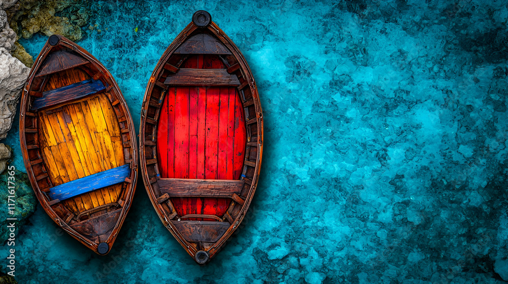Fototapeta premium Two colorful wooden boats resting on clear blue water, surrounded by a rocky shoreline, creating a serene and vibrant coastal scene.