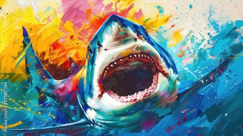 Shark, front view, open mouth, vibrant colors