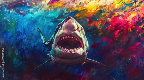 Shark, front view, open mouth, vibrant colors