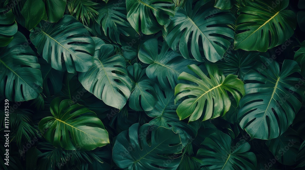 Abstract foliage and botanical background. Green tropical forest wallpaper of monstera leaves, palm leaf, branches in hand drawn pattern. Exotic plants background for banner, prints, decor, wall art. Abstract foliage and botanical background. Green tropical forest wallpaper of monstera leaves, palm leaf, branches in hand drawn pattern. Exotic plants background for banner, prints, decor, wall art.