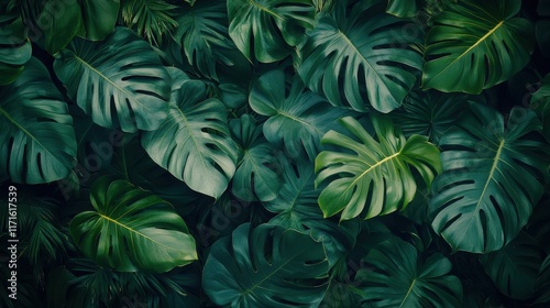 Wallpaper Mural Abstract foliage and botanical background. Green tropical forest wallpaper of monstera leaves, palm leaf, branches in hand drawn pattern. Exotic plants background for banner, prints, decor, wall art. Torontodigital.ca