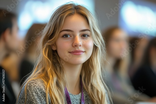 Wallpaper Mural Woman smiling during a conference, showcasing engagement and enthusiasm among peers Torontodigital.ca
