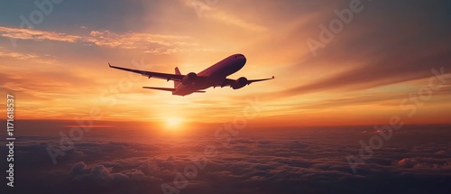A plane flying in the sky at sunset, symbolizing travel and adventure