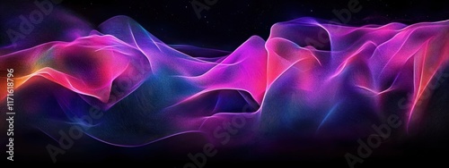 Abstract waves, vibrant colors, neon pink and purple, flowing energy, cosmic background, dark space, fluid motion, dynamic light trails, ethereal glow, digital art, 3D render, high contrast, futuristi photo