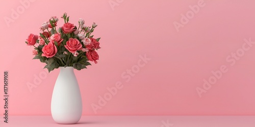 Valentine's Day Romantic Pink Roses in Elegant White Vase Minimalist Floral Arrangement Studio Shot
