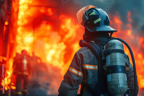 Firefighter stands resolute against raging fire, working to suppress flames ensure safety in city setting.