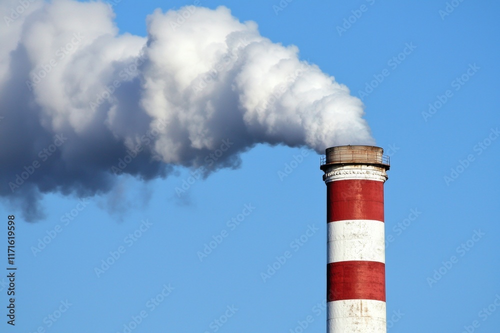 White smoke is coming out of a large red and white industrial chimney against a clear blue sky, symbolizing pollution and environmental concerns White smoke is coming out of a large red and white industrial chimney against a clear blue sky, symbolizing pollution and environmental concerns