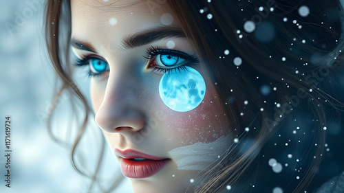 This image depicts a seamless transition between a glowing winter landscape and a translucent face. The snow gently envelops the face, while the eyes glow blue like moons, imbuing the entire scene wit photo