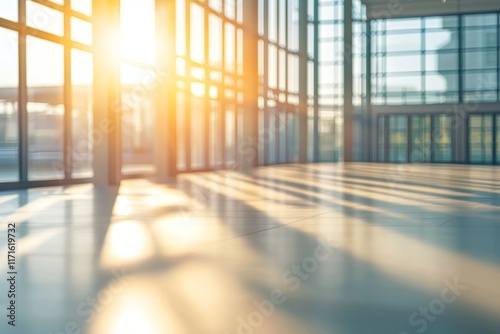 Wallpaper Mural Warm sunlight illuminating an empty modern office interior with large windows and a tiled floor at dawn, casting long shadows across the clean, minimalist space Torontodigital.ca