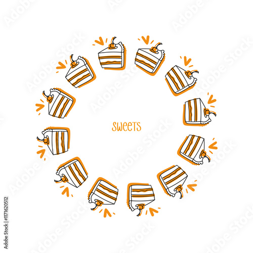 Decorative round frame with pieces of cake. Doodle style. Linear drawing. Sweet frame.