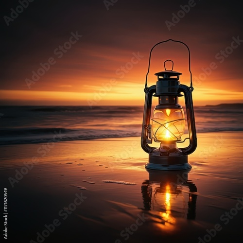 Glowing oil lantern on beach, sunset sky, golden hour, reflective wet sand, orange and yellow hues, silhouette horizon, ocean waves, atmospheric lighting, dramatic clouds, vintage mood, peaceful seasc photo