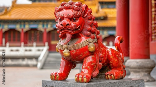 Red Chinese Lion Statue Standing as Guardian