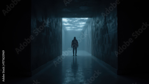 An AI figure walks alone down an industrial tunnel with glowing eyes, symbolizing its hidden presence within a human-made structure.