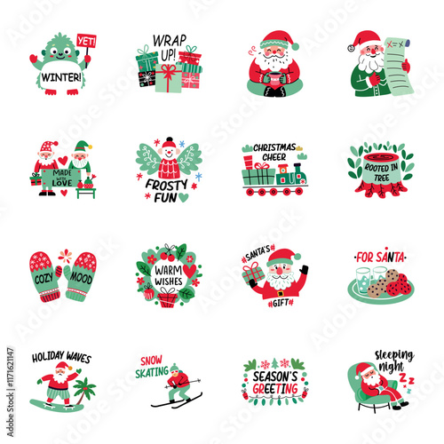 Collection of Christmas Wishes Flat Style Stickers 