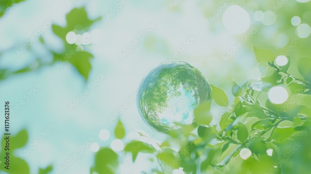 Crystal ball hangs amidst vibrant green leaves, reflecting the surrounding foliage and a patch of blue sky, creating a serene and natural scene Crystal ball hangs amidst vibrant green leaves, reflecting the surrounding foliage and a patch of blue sky, creating a serene and natural scene