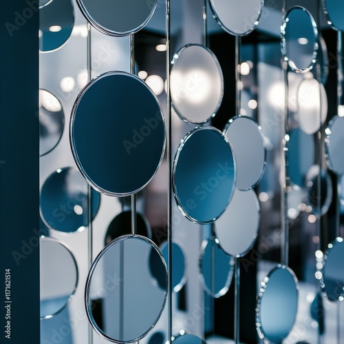 Unique arrangement of circular mirrors on a modern wall in a stylish interior...