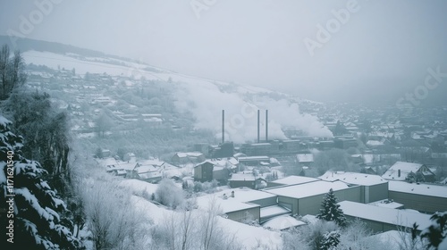 Snow-covered industrial town with factory chimneys emitting smoke, symbolizing winter, environmental pollution, urbanization, and the impact of industry on small communities and nature
