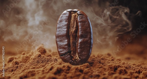 Coffee bean emerging from ground with rich texture and aroma in close-up view