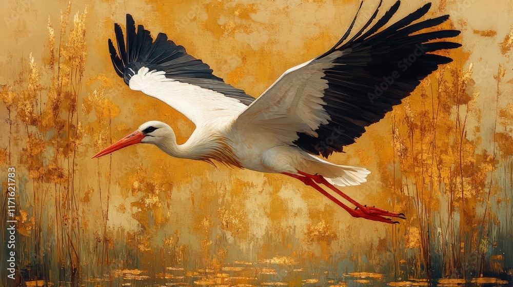 Fototapeta premium White stork in flight, gold autumnal background.