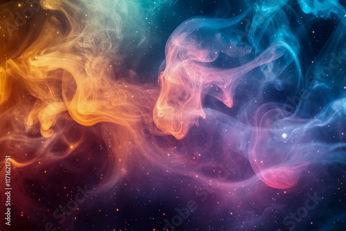 Colorful smoke swirling in the cosmos with stars shining brightly at night