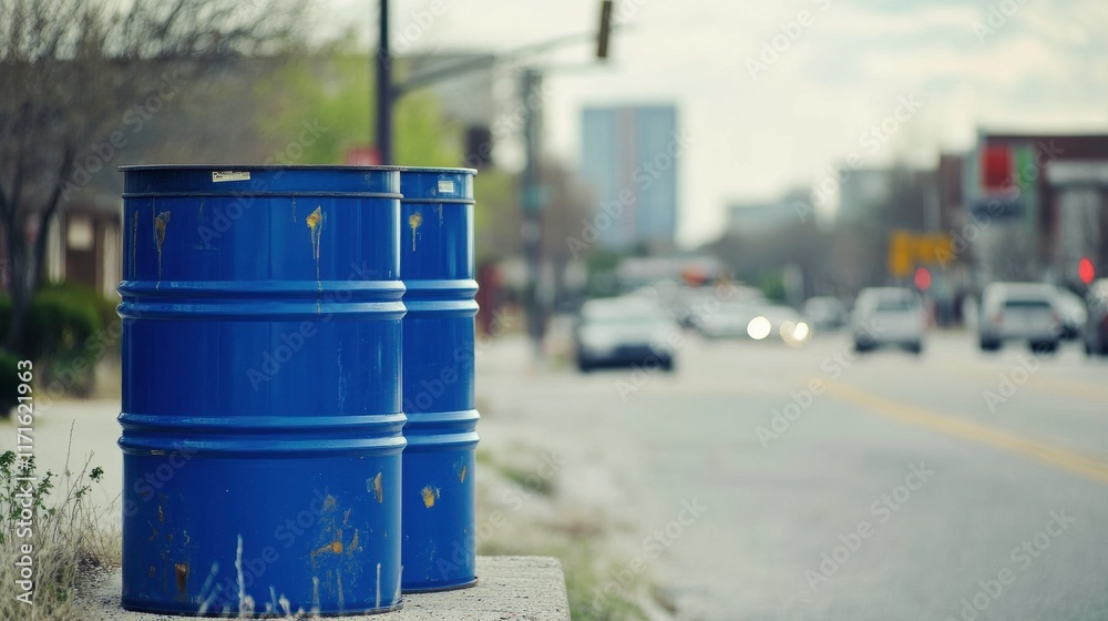 Waste Barrels Near Busy Intersection on Overcast Day Waste Barrels Near Busy Intersection on Overcast Day
