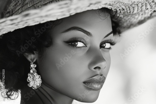 Woman with blue eyes wearing a straw hat and earrings poses beautifully indoo...