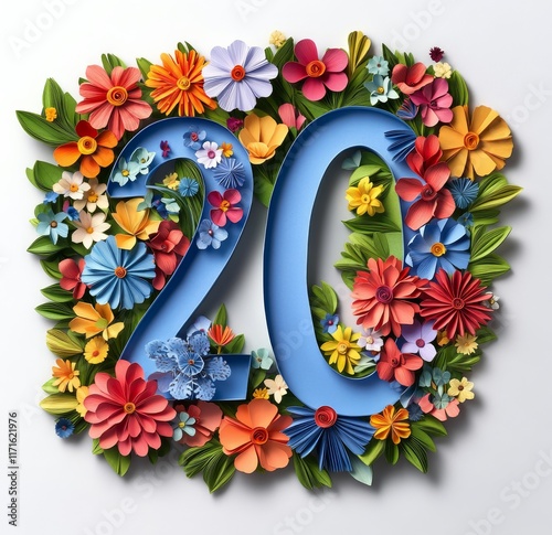 Colorful floral arrangement featuring the number 20 in vibrant paper craft de...