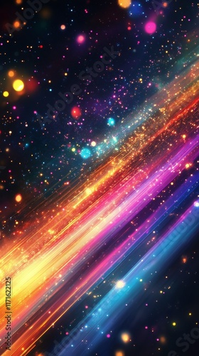 Colorful abstract light trail sparkling in dark space with vibrant hues swirl...